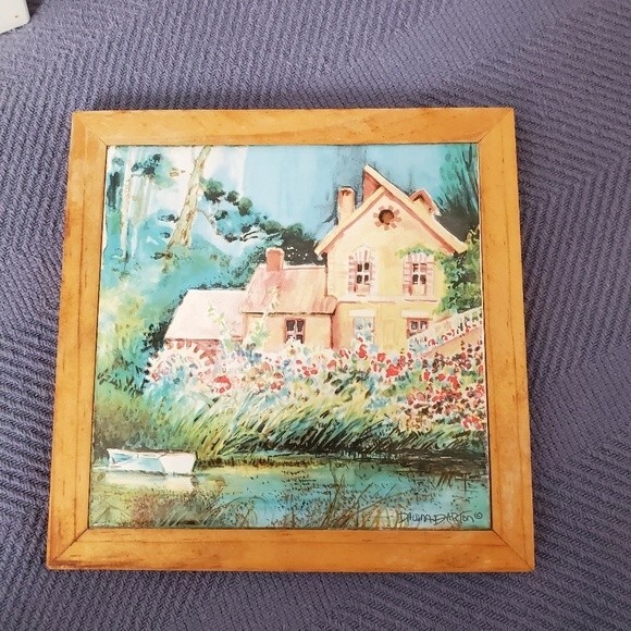 Dawna Barton  VTG 1992 Vandor Ceramic Tile Trivet Wall  Wood Framed Signed - Picture 1 of 4